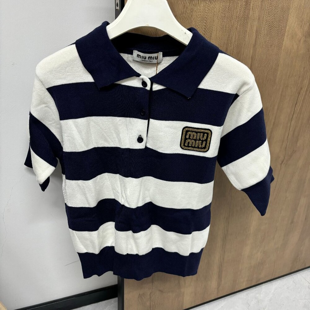Miu Miu Women's  Navy and White Striped Polo Shirt